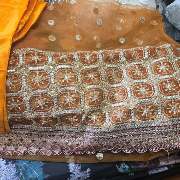 Orange & Gold Embroidered Lehenga FREE Matching Khussa Shoes - Picture 9 of 11